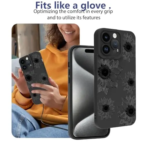 OOK Floral Case for iPhone 15 Pro, Cute Black Sunflower Blooms | Soft TPU, Shockproof Protective Flower Phone Cover for Women Girls 