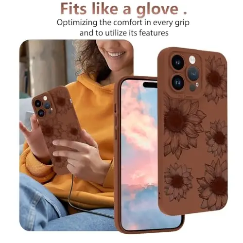 OOK Floral Case for iPhone 15 Pro Max, Cute Brown Sunflower Blooms | Soft TPU Shockproof Protective, Slim Flower Phone Cover for Women & Girls 