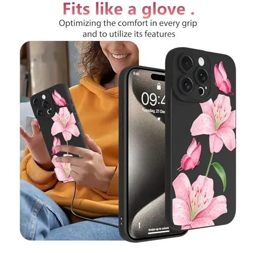 OOK Floral Case for iPhone 15 Pro Max, Cute Lily Flower Butterfly | Soft TPU, Shockproof Protective Phone Cover for Women Girls 