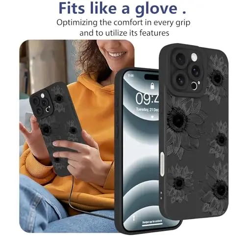 OOK Floral Case for iPhone 16 Pro, Cute Black Sunflower Blooms | Soft TPU, Shockproof Protective Flower Phone Cover for Women Girls - 1