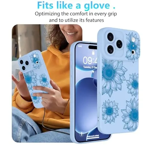 OOK Floral Case for iPhone 17 Pro Max, Cute Blue Sunflower Blooms | Soft TPU, Shockproof Protective Slim Flower Phone Cover for Women Girls 