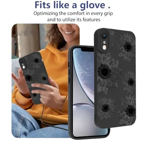 OOK Floral Case for iPhone XR, Cute Black Sunflower Blooms | Soft TPU, Shockproof Protective Flower Phone Cover for Women Girls 