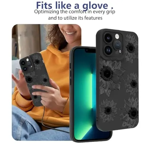 OOK Floral чехол для iPhone 13 Pro Max, милый дизайн с черными подсолнухами | Мягкий TPU, ударопрочный защитный чехол с цветами для женщин и девушек - 1