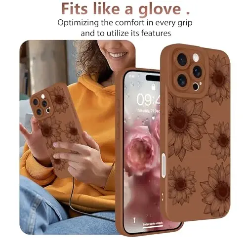 OOK Floral чехол для iPhone 16 Pro, милый с коричневыми подсолнухами | Мягкий противоударный TPU, тонкий цветочный чехол для женщин и девушек 