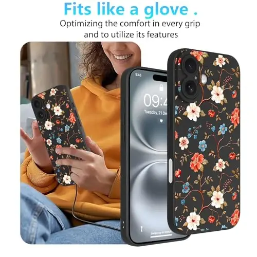 OOK Flower Case for iPhone 16 Plus, Cute Black Vintage Floral | Soft TPU, Shockproof Protective Phone Cover for Women Girls 
