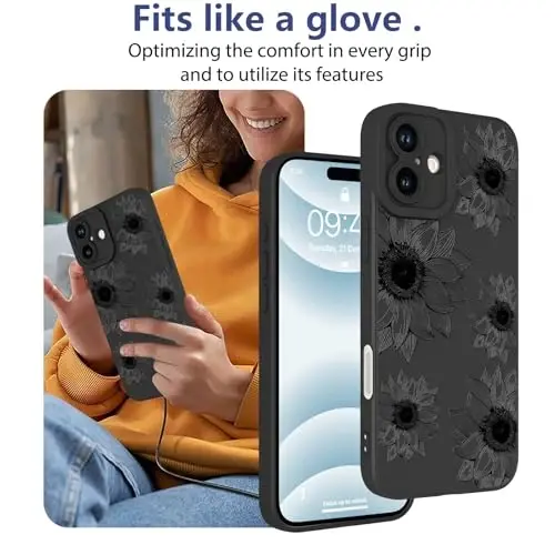 OOK iPhone 16 uchun gulli g‘ilof, Yoqimli qora kungaboqar gullari | Yumshoq TPU, Ayollar va qizlar uchun zarbalarga chidamli himoya g‘ilofi 