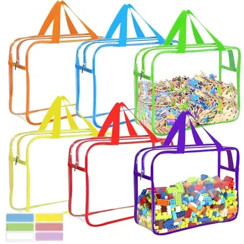 OPELETNNT 6 Packs Large Toy Storage Bags with Labels, Reusable Clear PVC Board Game Storage, Travel Waterproof Organizer Bags with Zipper for Building Blocks, Puzzle, Kids Books（6 Colors） - OPELETNNT