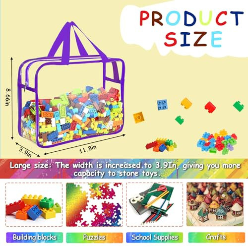 OPELETNNT 6 Packs Large Toy Storage Bags with Labels, Reusable Clear PVC Board Game Storage, Travel Waterproof Organizer Bags with Zipper for Building Blocks, Puzzle, Kids Books（6 Colors） - 2