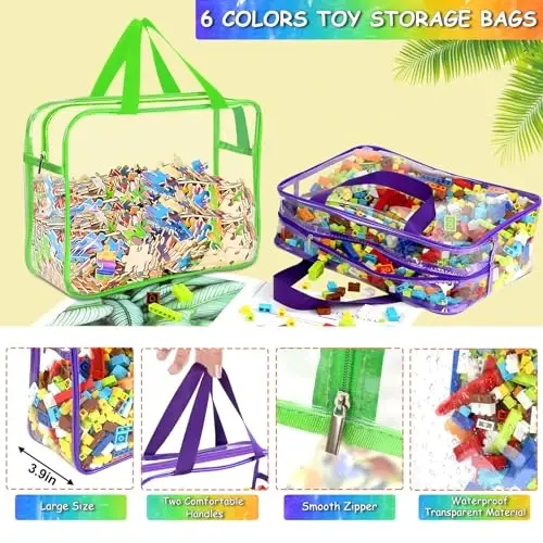6 Packs Large Toy Storage Bags with Labels, Reusable Clear PVC Board Game Storage, Travel Waterproof Organizer Bags with Zipper for Building Blocks, Puzzle, Kids Books（6 Colors） - 3