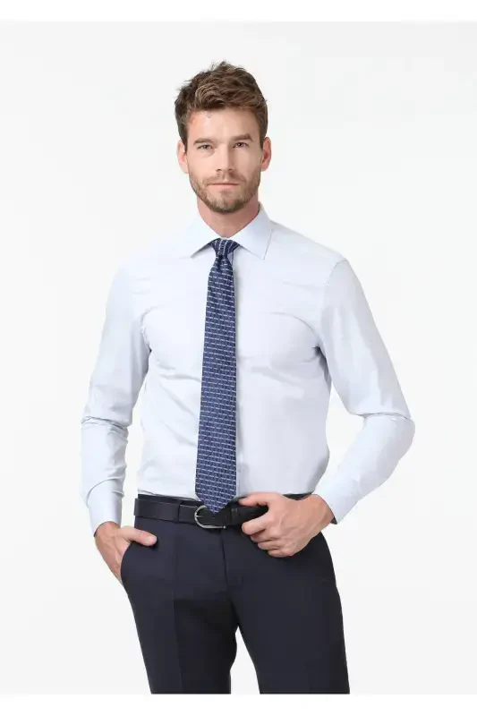 Open Blue Plain Regular Fit Woven Classic Cotton Blend Shirt - RAMSEY