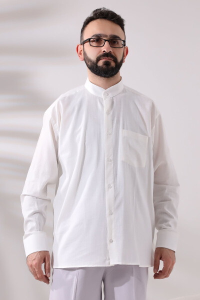 Open Cream Men's Loose Fit Single Pocket Clerical Collar Hajj and Umrah Linen Shirt - IHVAN ONLINE