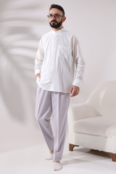 Open Cream Men's Loose Fit Single Pocket Clerical Collar Hajj and Umrah Linen Shirt - IHVAN ONLINE (1)