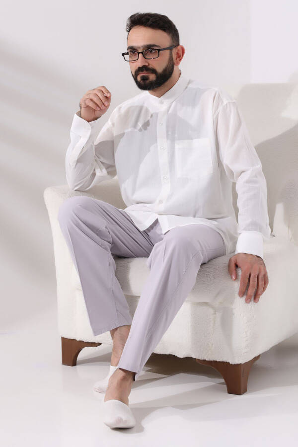 Open Cream Men's Loose Fit Single Pocket Clerical Collar Hajj and Umrah Linen Shirt - 3