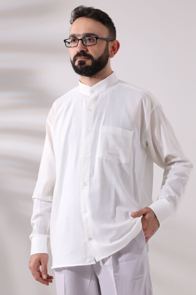 Open Cream Men's Loose Fit Single Pocket Clerical Collar Hajj and Umrah Linen Shirt - 4