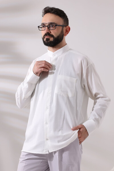 Open Cream Men's Loose Fit Single Pocket Clerical Collar Hajj and Umrah Linen Shirt - 6