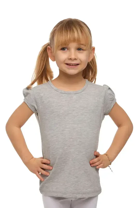 Open Gray Basic Girls Crew Neck Melon Sleeve T-Shirt-ASH GRAY - 1