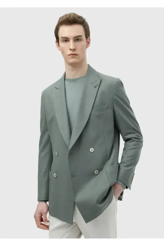 Open Green Plain Comfort Fit Wool Blend Jacket - 1