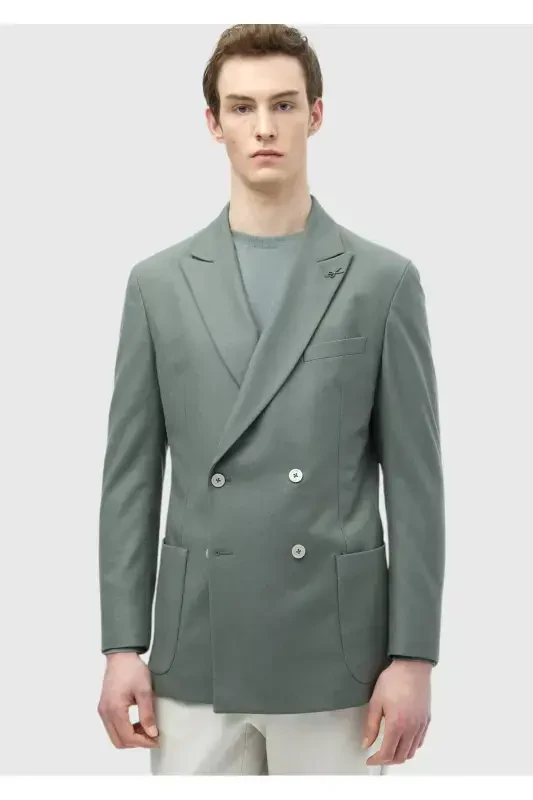 Open Green Plain Comfort Fit Wool Blend Jacket - 3