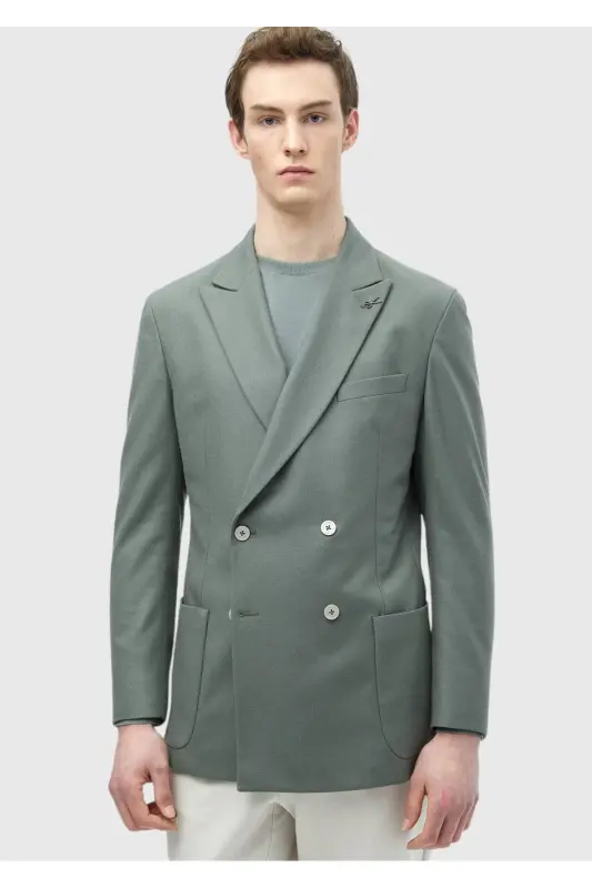 Open Green Plain Comfort Fit Wool Blend Jacket - 3