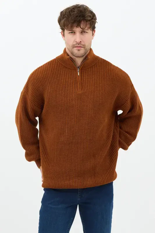 Open Mustard Men's Oversize Zippered Fisherman Knit Sweater-OPEN MUSTARD - 1