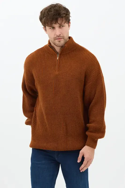 Open Mustard Men's Oversize Zippered Fisherman Knit Sweater-OPEN MUSTARD - 2