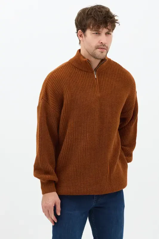 Open Mustard Men's Oversize Zippered Fisherman Knit Sweater-OPEN MUSTARD - 3