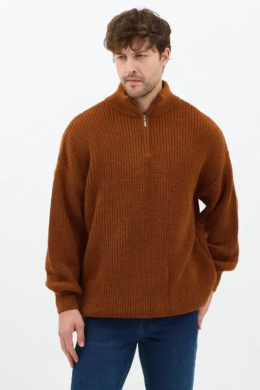 Open Mustard Men's Oversize Zippered Fisherman Knit Sweater-OPEN MUSTARD - 4