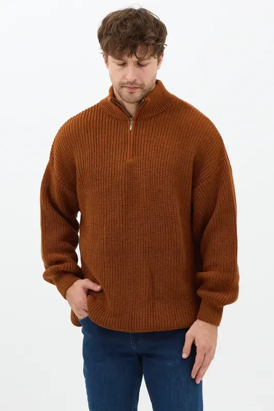 Open Mustard Men's Oversize Zippered Fisherman Knit Sweater-OPEN MUSTARD - 5