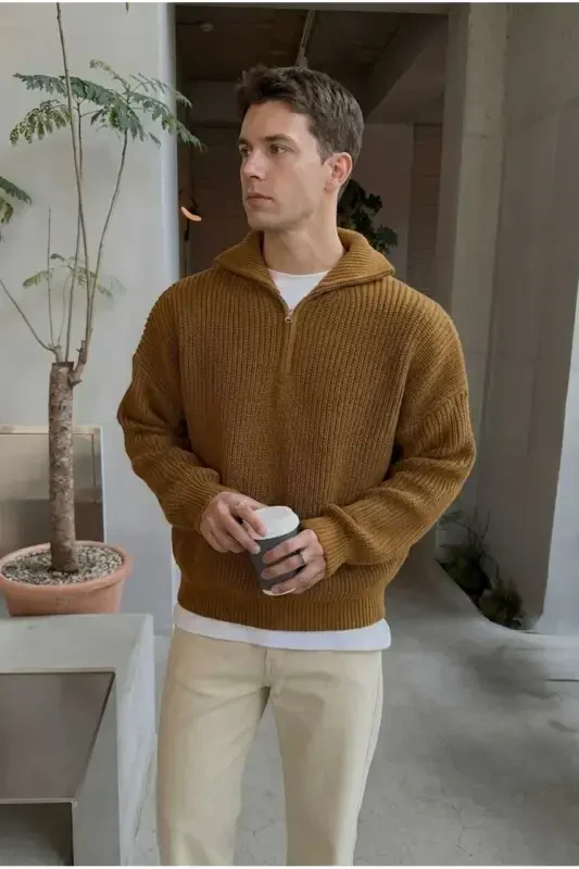 Open Mustard Men's Oversize Zippered Fisherman Knit Sweater-OPEN MUSTARD - 6