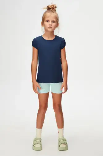 Open Navy Blue Girl Kids Short Sleeve Basic T-Shirt-NAVY - 1