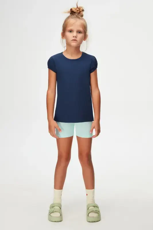Open Navy Blue Girl Kids Short Sleeve Basic T-Shirt-NAVY - LOVETTI