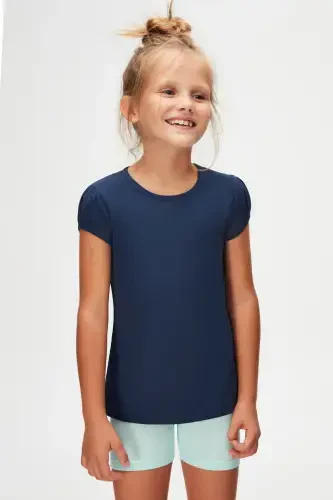 Open Navy Blue Girl Kids Short Sleeve Basic T-Shirt-NAVY - LOVETTI (1)