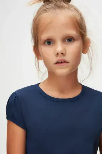 Open Navy Blue Girl Kids Short Sleeve Basic T-Shirt-NAVY - 3