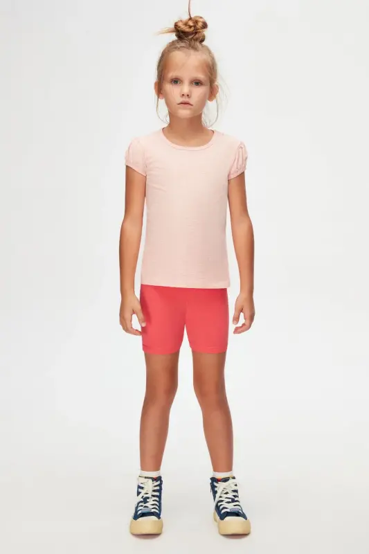 Open Pink Melange Basic Girls Crew Neck Watermelon Sleeve T-Shirt-BRIGHT PINK MELANGE - 1