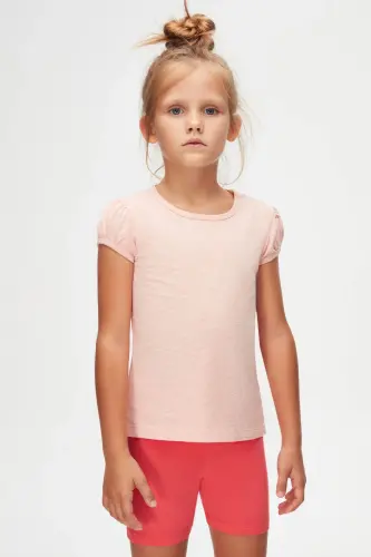 Open Pink Melange Basic Girls Crew Neck Watermelon Sleeve T-Shirt-BRIGHT PINK MELANGE - LOVETTI (1)
