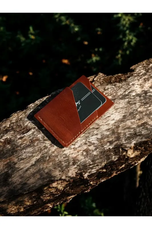 Open Tan Minimal Handmade Genuine Leather Cardholder-Orange - DERIBOSS