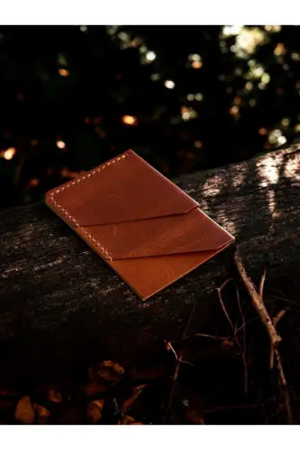 Open Tan Minimal Handmade Genuine Leather Cardholder-Orange - DERIBOSS (1)