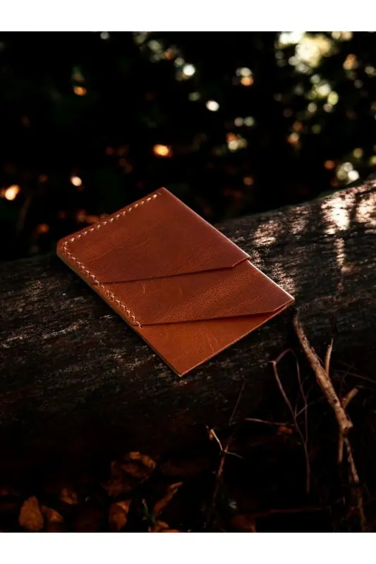 Open Tan Minimal Handmade Genuine Leather Cardholder-Orange - 2
