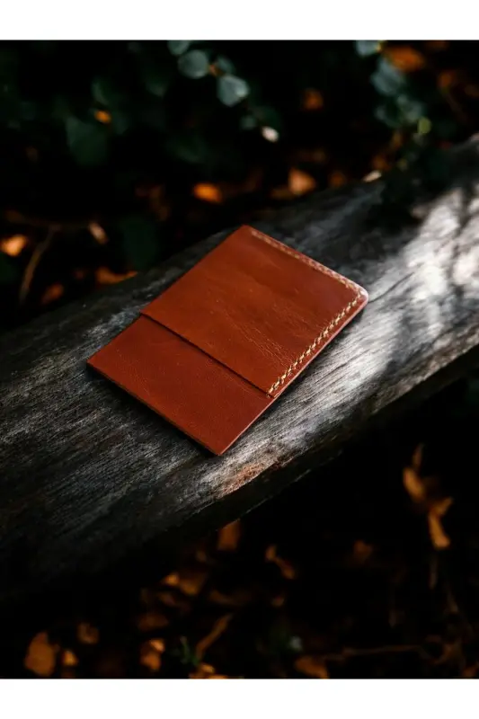Open Tan Minimal Handmade Genuine Leather Cardholder-Orange - 3