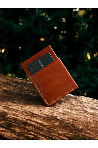 Open Tan Minimal Handmade Genuine Leather Cardholder-Orange - 4
