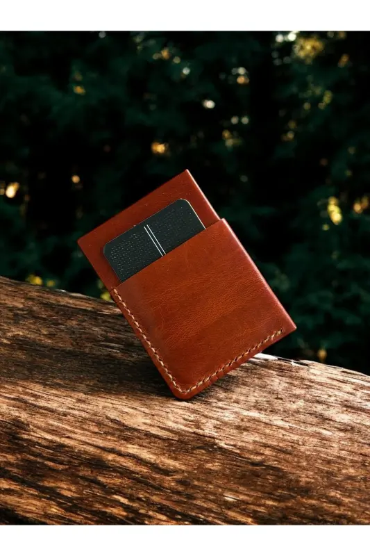Open Tan Minimal Handmade Genuine Leather Cardholder-Orange - 4