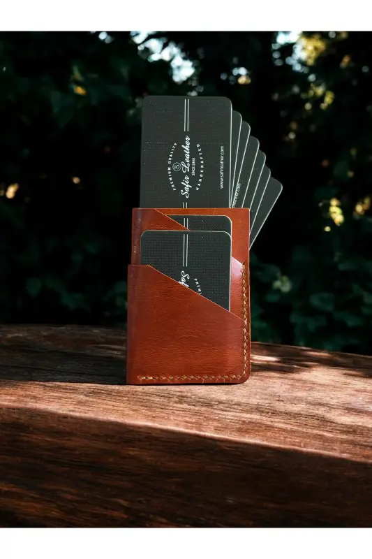 Open Tan Minimal Handmade Genuine Leather Cardholder-Orange - 5