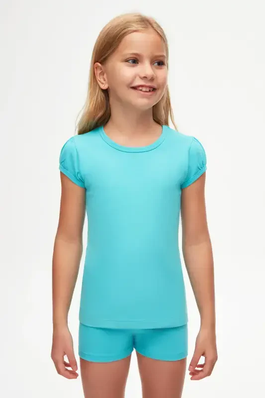 Open Turquoise Basic Girl's Crew Neck Watermelon Sleeve T-Shirt-POLL TURQUOISE - 2