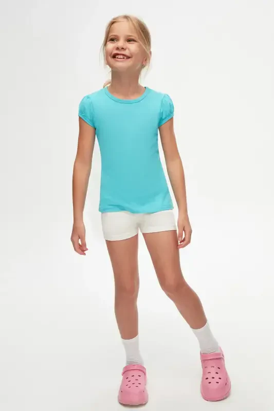 Open Turquoise Basic Girl's Crew Neck Watermelon Sleeve T-Shirt-POLL TURQUOISE - 5