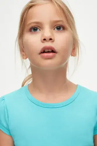 Open Turquoise Basic Girl's Crew Neck Watermelon Sleeve T-Shirt-POLL TURQUOISE - 7