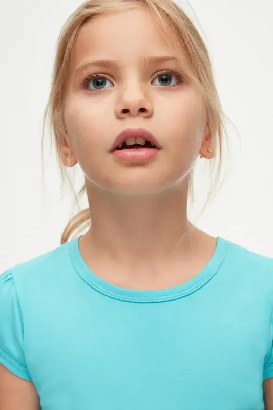 Open Turquoise Basic Girl's Crew Neck Watermelon Sleeve T-Shirt-POLL TURQUOISE - 7