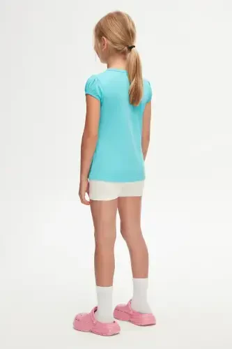 Open Turquoise Basic Girl's Crew Neck Watermelon Sleeve T-Shirt-POLL TURQUOISE - 8