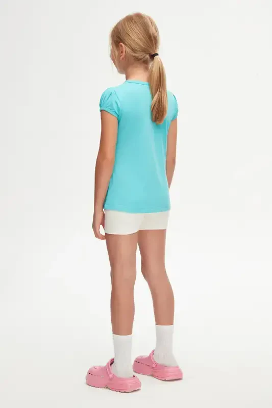 Open Turquoise Basic Girl's Crew Neck Watermelon Sleeve T-Shirt-POLL TURQUOISE - 8