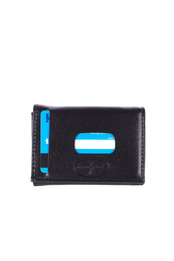 Openable Credit Card Wallet with Inner Snap Button, Perforated, 7 Compartments, Faux Leather, Black, knp-6s Model - 1