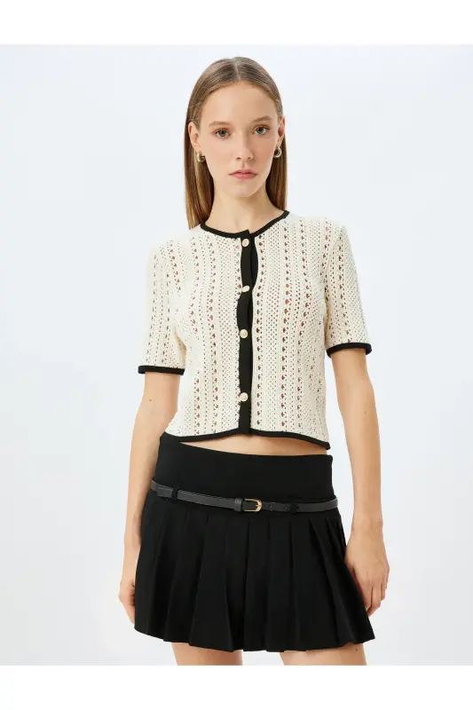 Openwork Buttoned Bias Trimmed Short Sleeve Bicycle Collar Cardigan - 3